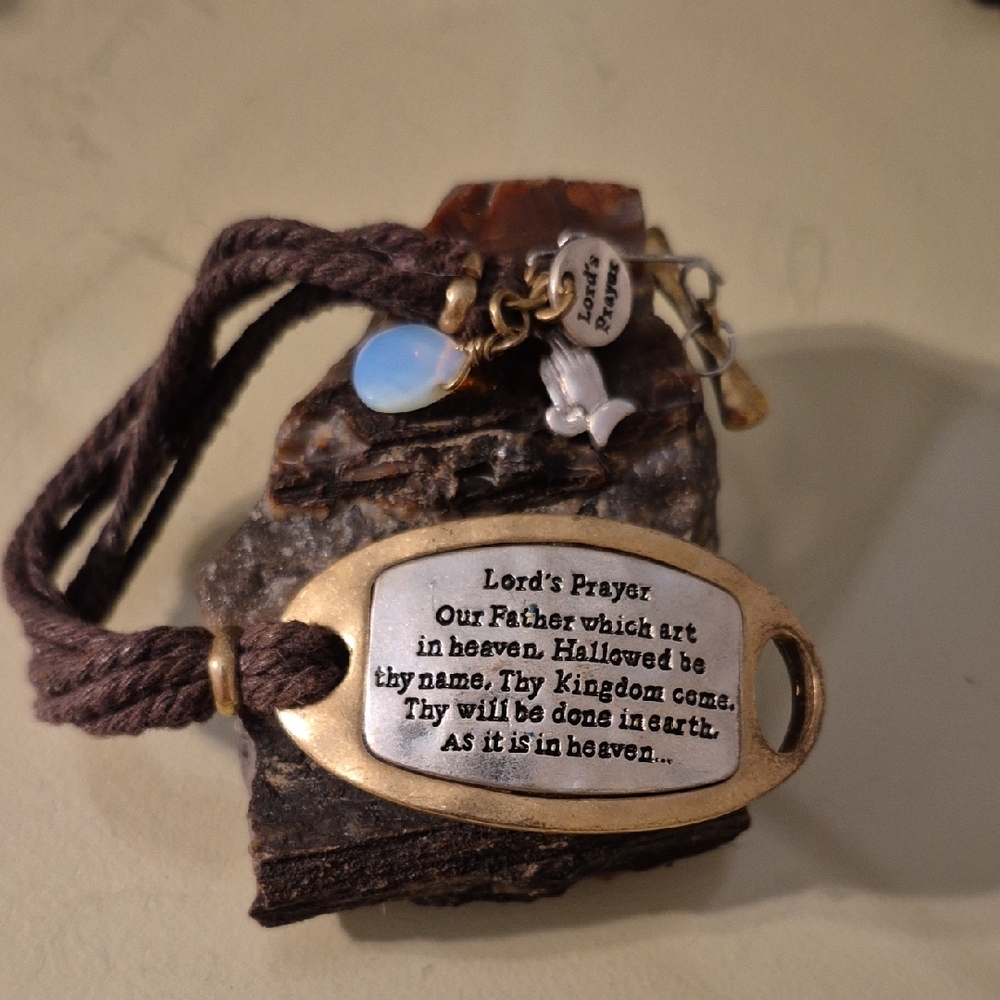Gold And Silver And Brown Rope Tone Lord's Prayer Bracelet